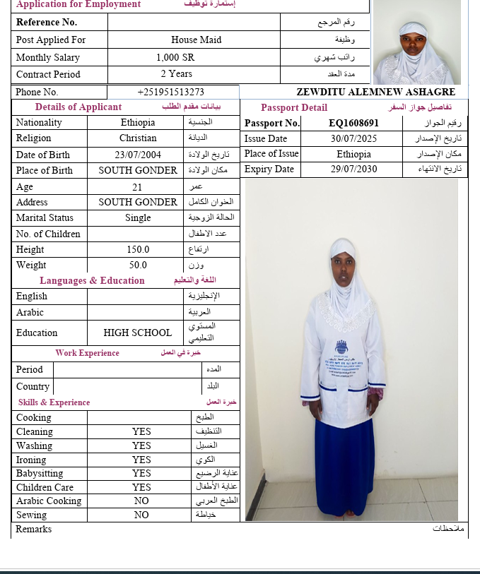 السيرة الذاتية لـ ZEWDITU ALEMNEW ASHAGRE