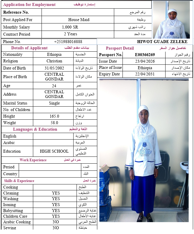 السيرة الذاتية لـ HIWOT GUADE ZELEKE