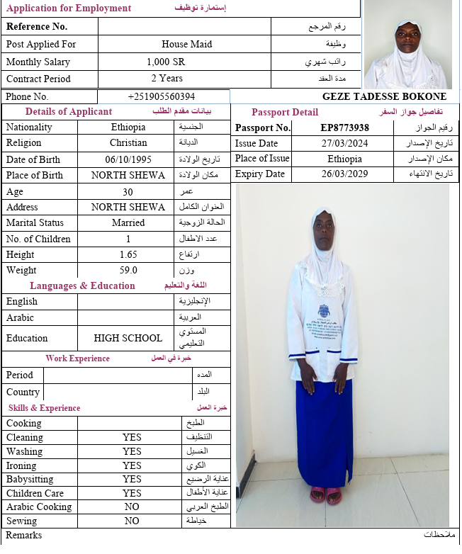 السيرة الذاتية لـ GEZE TADESSE BOKONE