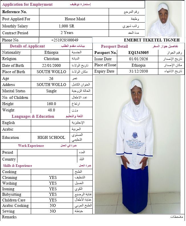 السيرة الذاتية لـ EMEBET TEKETEL TIGNEH