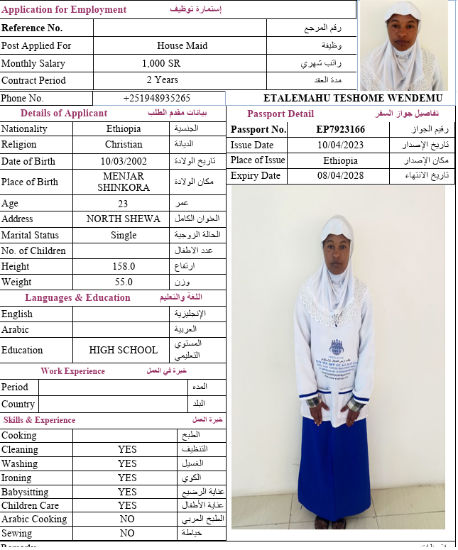 السيرة الذاتية لـ ETALEMAHU TESHOME WENDEMU