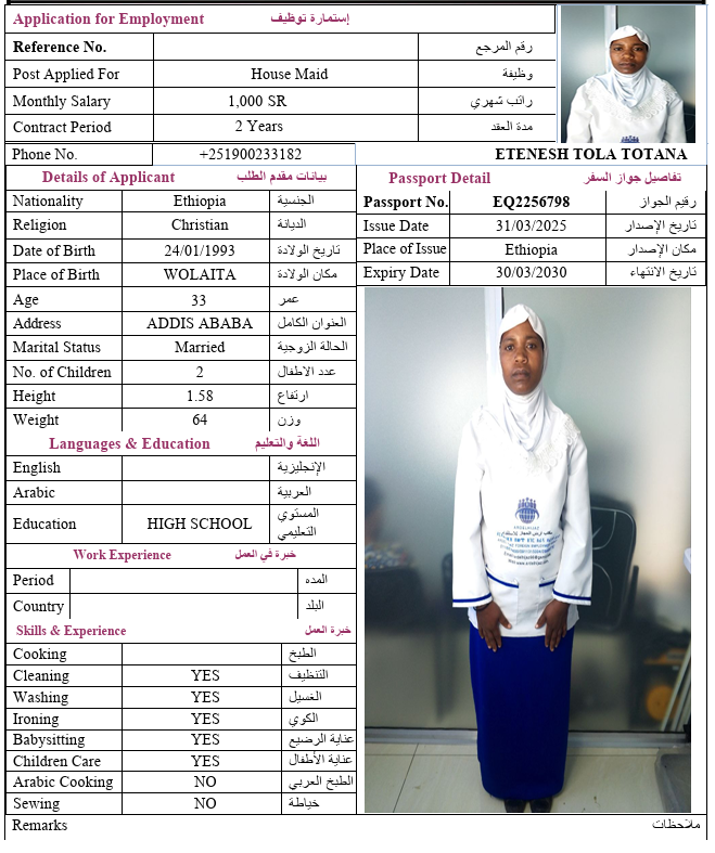 السيرة الذاتية لـ ETENESH TOLA TOTANA