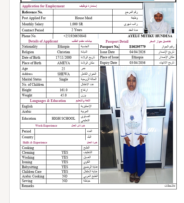 السيرة الذاتية لـ AYELU MITIKU HUNDESA