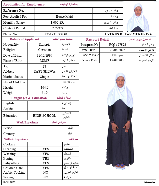 السيرة الذاتية لـ EYERUS DEFAR MEKURIYA