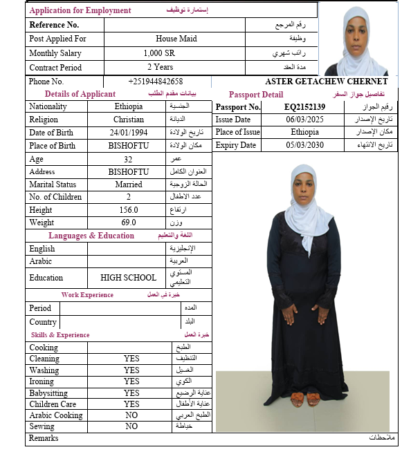 السيرة الذاتية لـ ASTER GETACHEW CHERNET