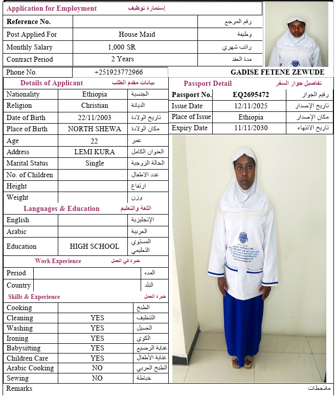 السيرة الذاتية لـ GADISE FETENE ZEWUDE