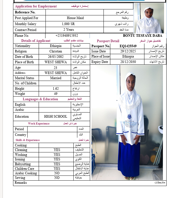 السيرة الذاتية لـ BONTU TESFAYE DABA