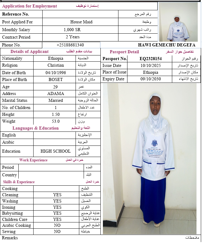 السيرة الذاتية لـ HAWI GEMECHU DEGEFA