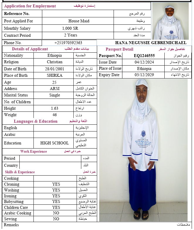 السيرة الذاتية لـ HANA NEGUSSIE GEBREMICHAEL