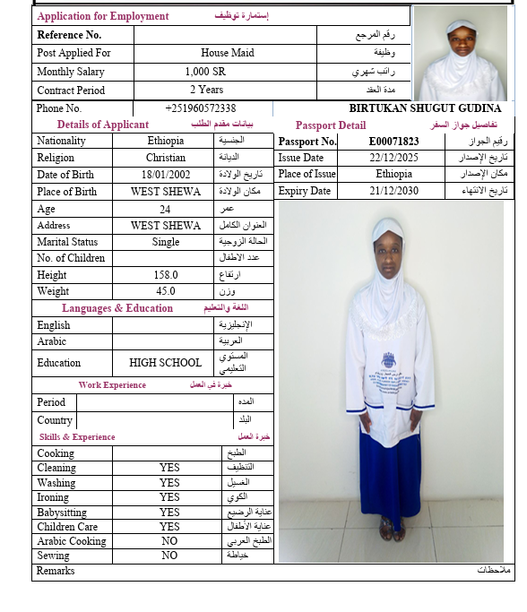 السيرة الذاتية لـ BIRTUKAN SHUGUT GUDINA