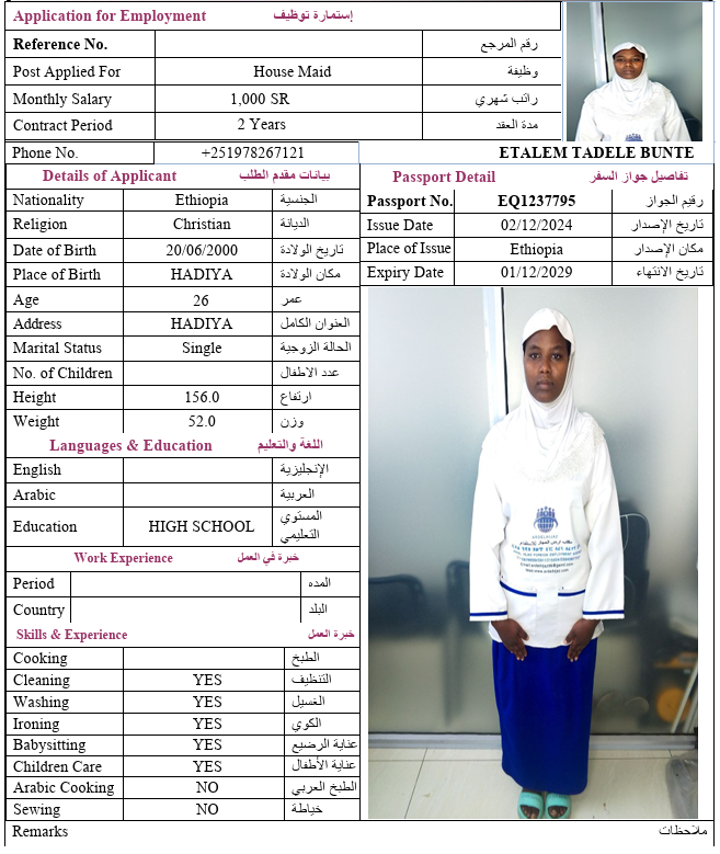 السيرة الذاتية لـ ETALEM TADELE BUNTE