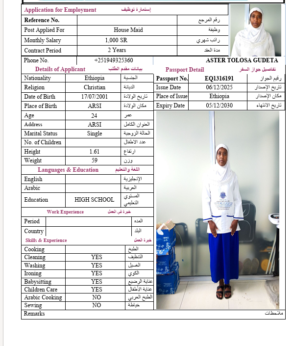 السيرة الذاتية لـ ASTER TOLOSA GUDETA