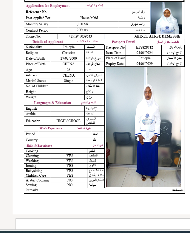 السيرة الذاتية لـ ABINET ATRSE DEMESSIE