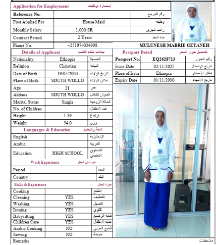 السيرة الذاتية لـ MULUNESH MABRIE GETANEH