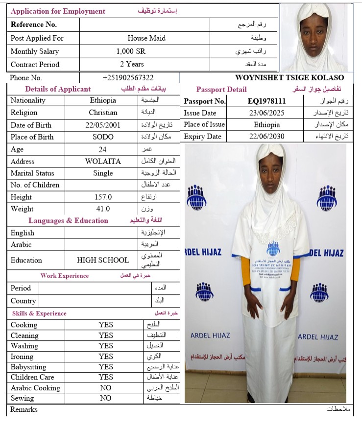 السيرة الذاتية لـ WOYNISHET TSIGE KOLASO