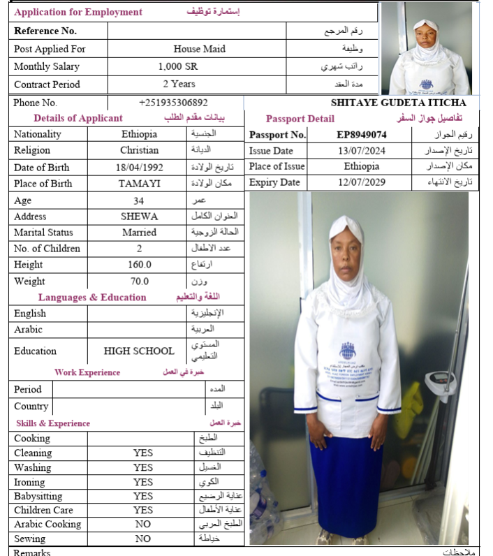 السيرة الذاتية لـ SHITAYE GUDETA ITICHA