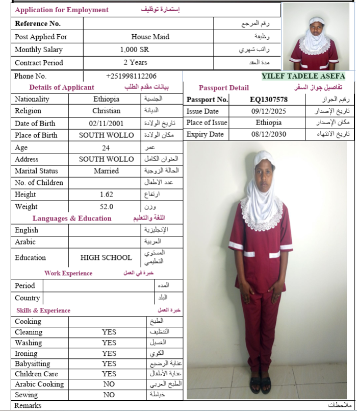 السيرة الذاتية لـ YILEF TADELE ASEFA