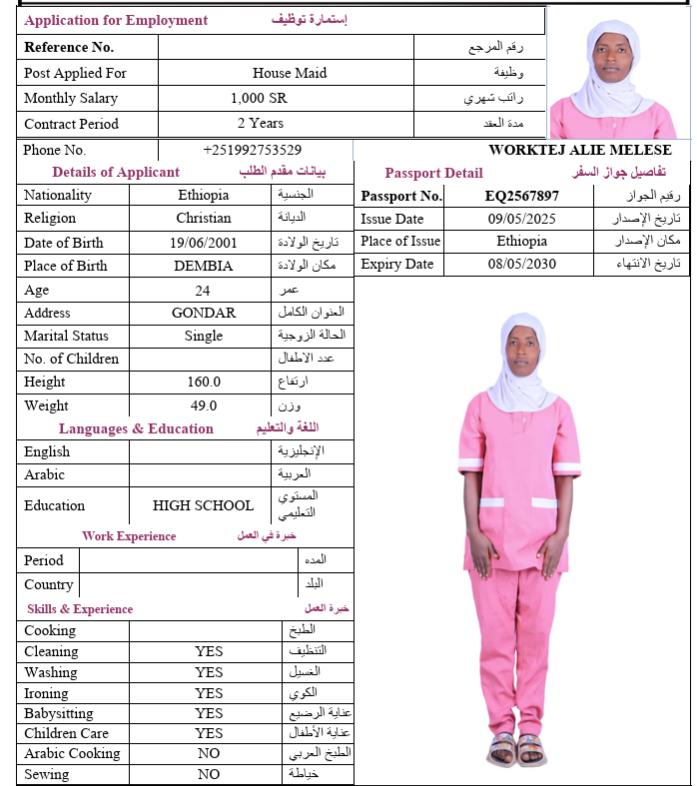السيرة الذاتية لـ WORKTEJ ALIE MELESE