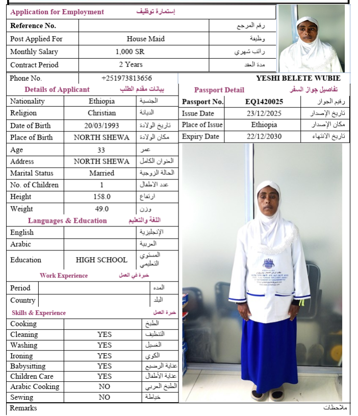 السيرة الذاتية لـ YESHI BELETE WUBIE