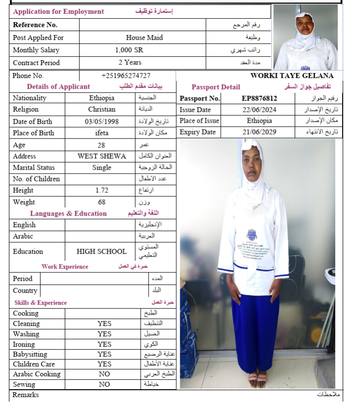 السيرة الذاتية لـ WORKI TAYE GELANA