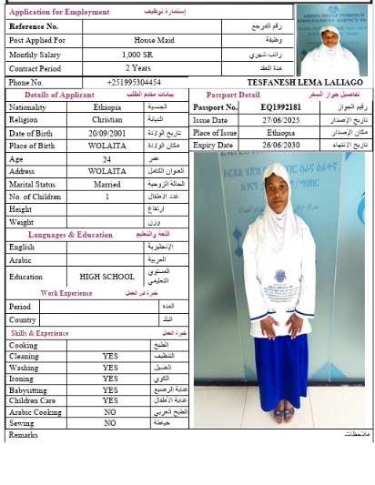 السيرة الذاتية لـ TESFANESH LEMA LALIAGO