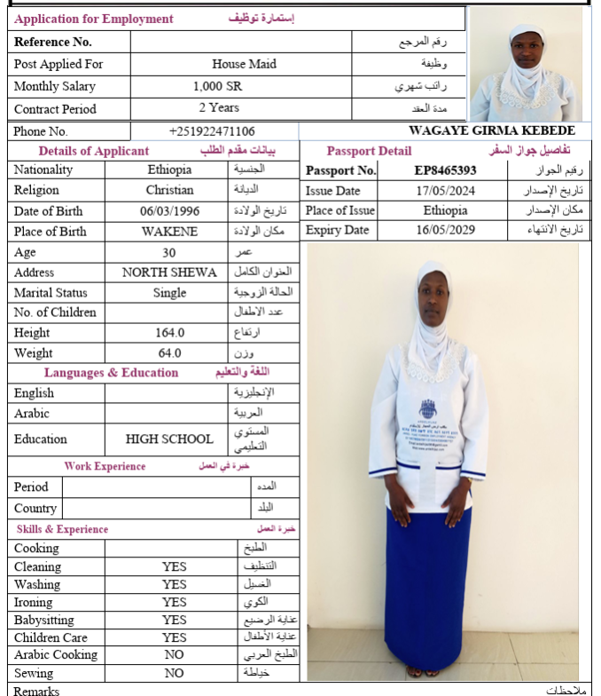 السيرة الذاتية لـ WAGAYE GIRMA KEBEDE