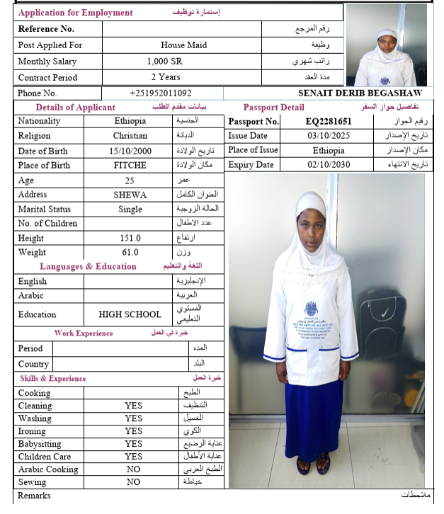 السيرة الذاتية لـ SENAIT DERIB BEGASHAW