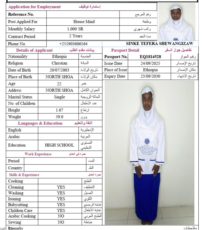 السيرة الذاتية لـ SINKE TEFERA SHEWANGIZAW