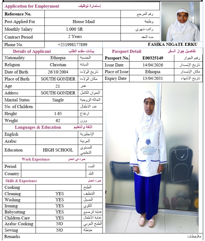 السيرة الذاتية لـ FASIKA NIGATE ERKU