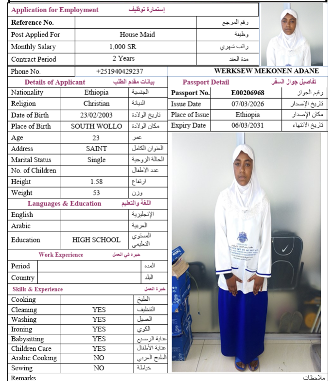 السيرة الذاتية لـ WERKSEW MEKONEN ADANE