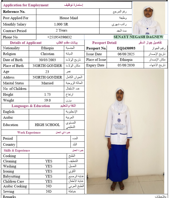 السيرة الذاتية لـ SENAYT NEGASH DAGNEW
