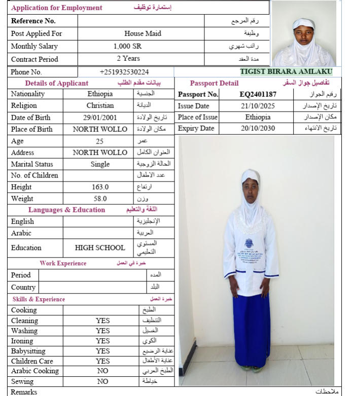 السيرة الذاتية لـ TIGIST BIRARA AMLAKU