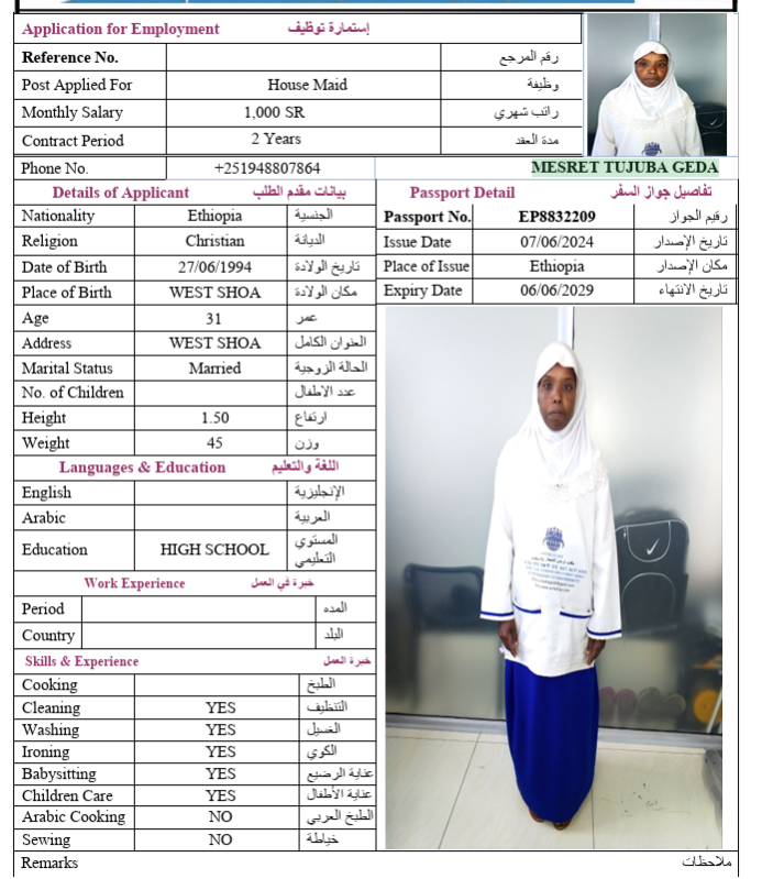 السيرة الذاتية لـ MESRET TUJUBA GEDA