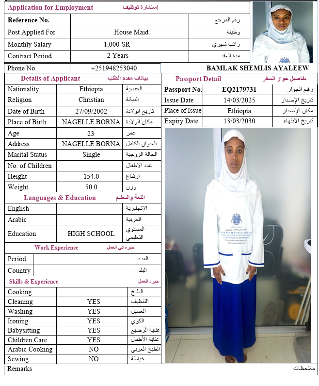 السيرة الذاتية لـ BAMLAK SHEMLIS AYALEEW