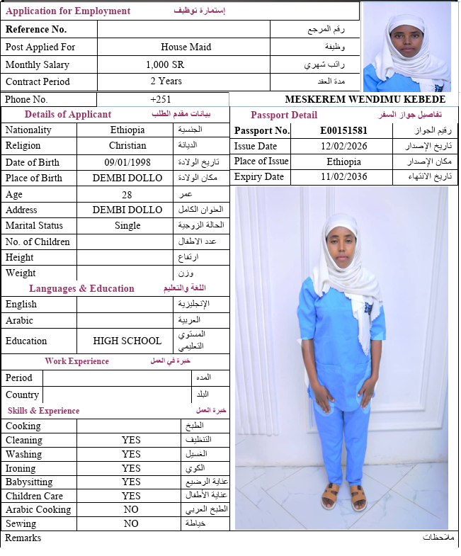السيرة الذاتية لـ MESKEREM WENDIMU KEBEDE