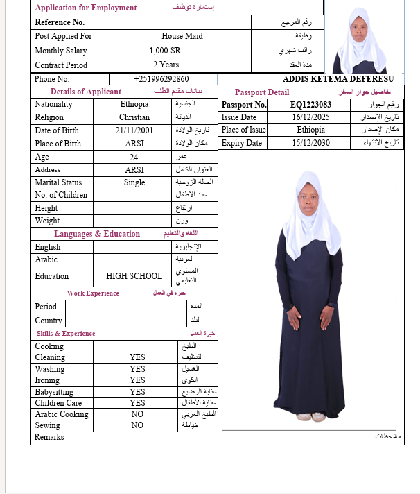 السيرة الذاتية لـ ADDIS KETEMA DEFERESU