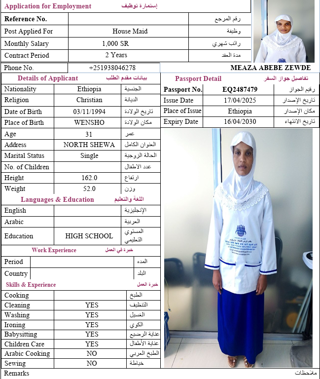 السيرة الذاتية لـ MEAZA ABEBE ZEWDE