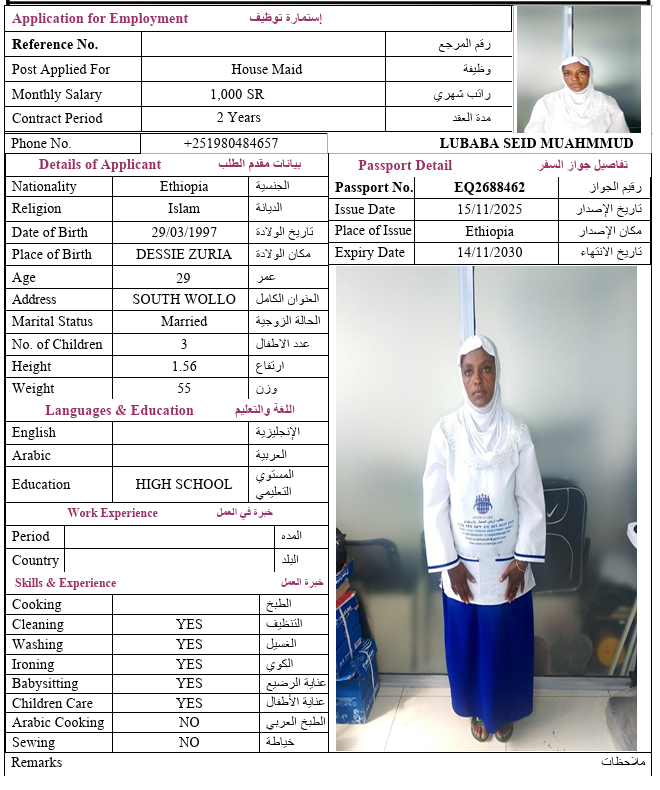 السيرة الذاتية لـ LUBABA SEID MUAHMMUD
