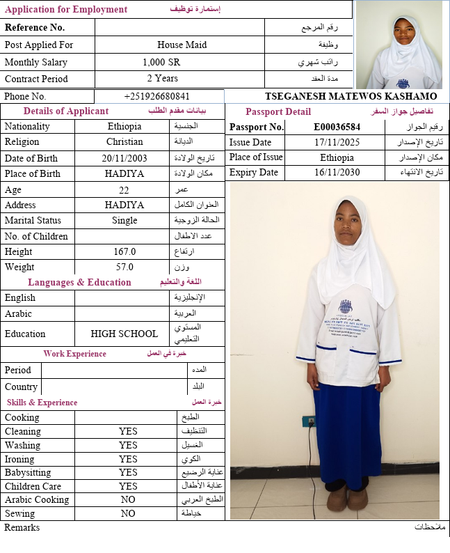 السيرة الذاتية لـ TSEGANESH MATEWOS KASHAMO