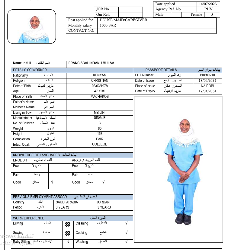 السيرة الذاتية لـ FRANCISCAH NDANU MULAA