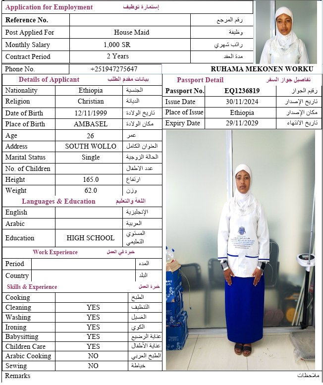السيرة الذاتية لـ RUHAMA MEKONEN WORKU