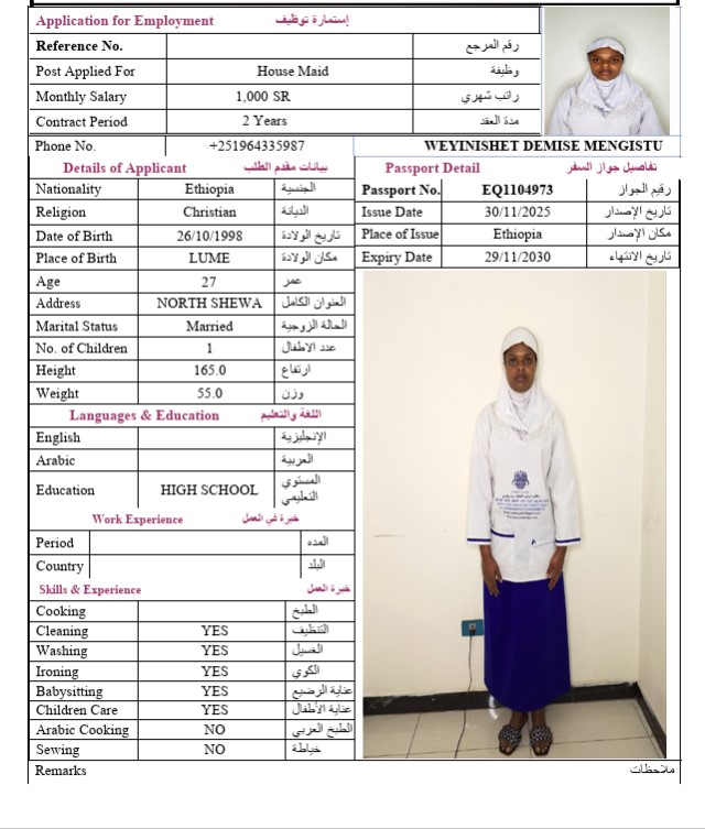 السيرة الذاتية لـ WEYINISHET DEMISE MENGISTU