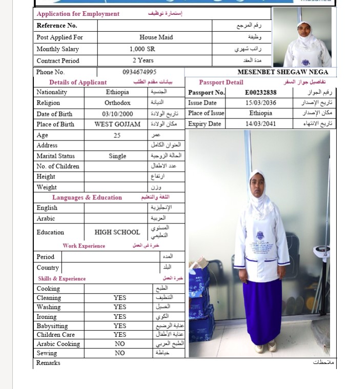 السيرة الذاتية لـ MESENBET SHEGAW NEGA