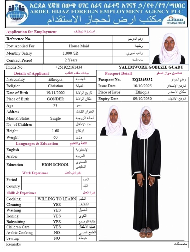 السيرة الذاتية لـ YALEMWORK GOBEZIE GUADU