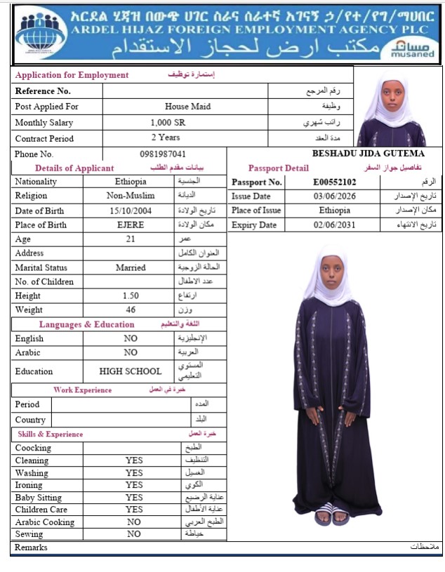 السيرة الذاتية لـ BESHADU JIDA GUTEMA