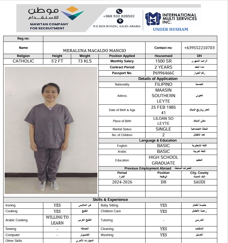السيرة الذاتية لـ MERALUNA MACALDO MANCIO