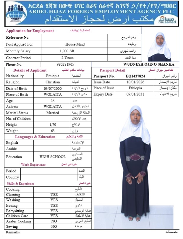 السيرة الذاتية لـ WUDNESH OJINO SHANKA