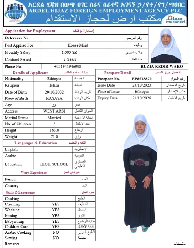 السيرة الذاتية لـ RUZIA KEDIR WAKO