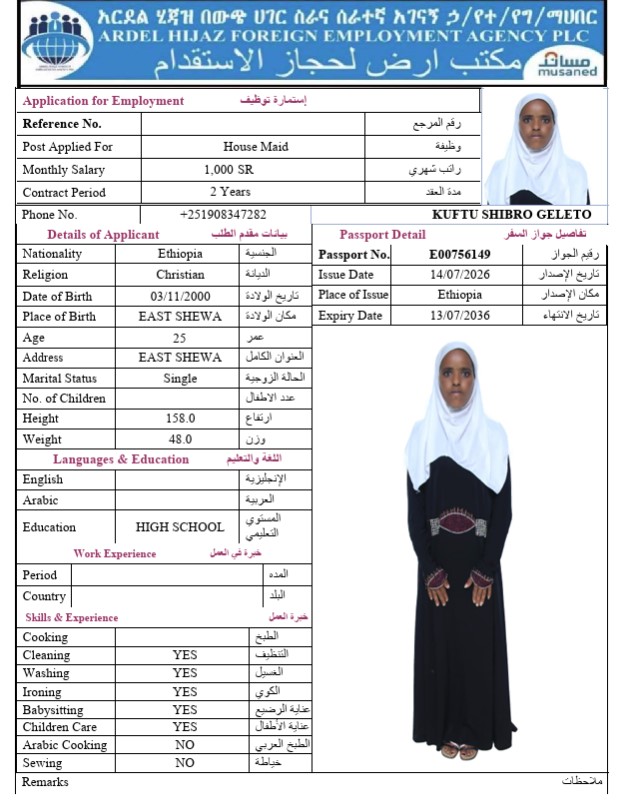 السيرة الذاتية لـ KUFTU SHIBRO GELETO