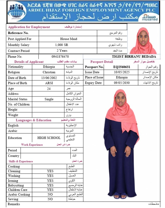 السيرة الذاتية لـ TIGIST BIRHANU BEDADA